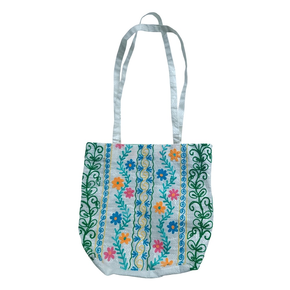 Upcycled Embroidered Tote Bag White Woven Floral Embroidered Artisanal Boho Sack